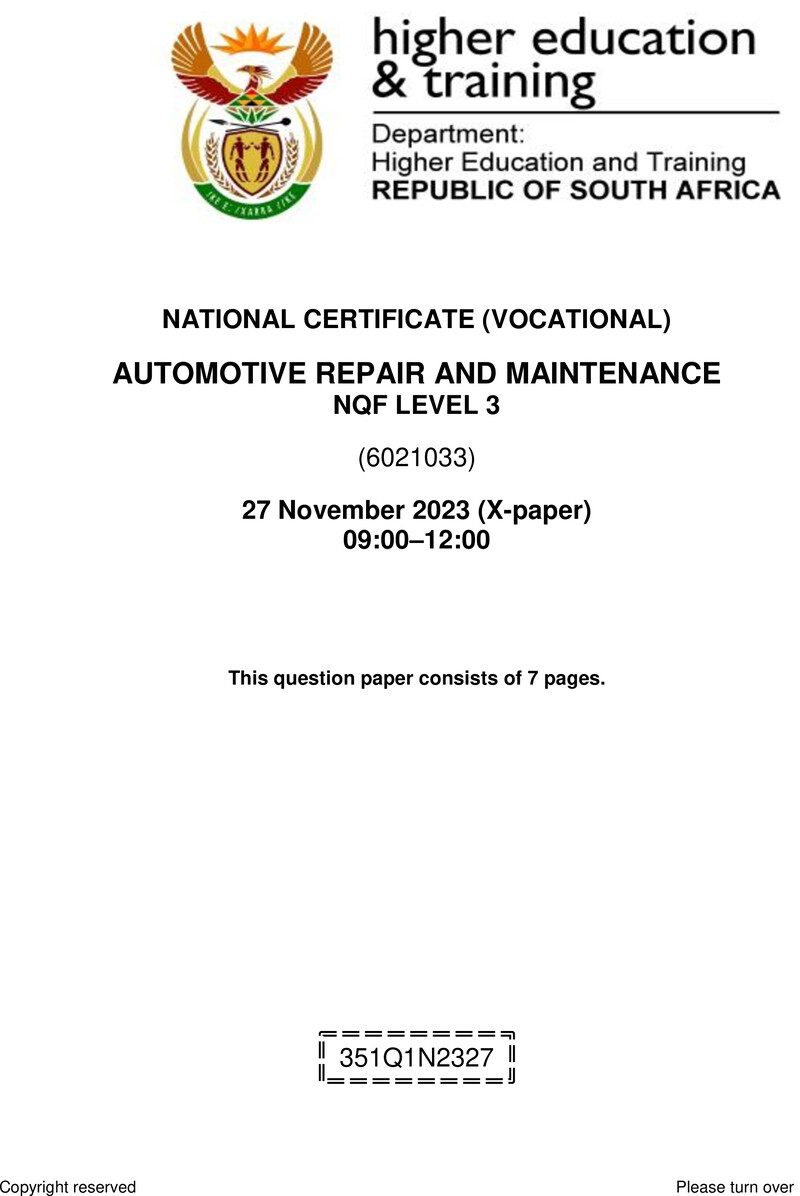 Nc330 Automotive Repair And Maintenance L3 QP Nov 2023
