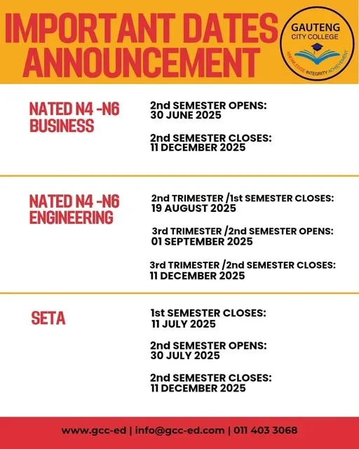 GAUTENG CITY COLLEGE: IMPORTANT DATES ANNOUNCEMENT – 2025 ACADEMIC CALENDAR
