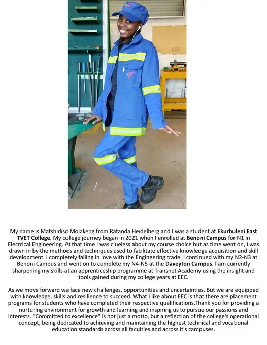 STUDENT SUCCESS STORY: From Uncertainty to Passion – Matshidiso Molakeng’s Journey at Ekurhuleni East TVET College