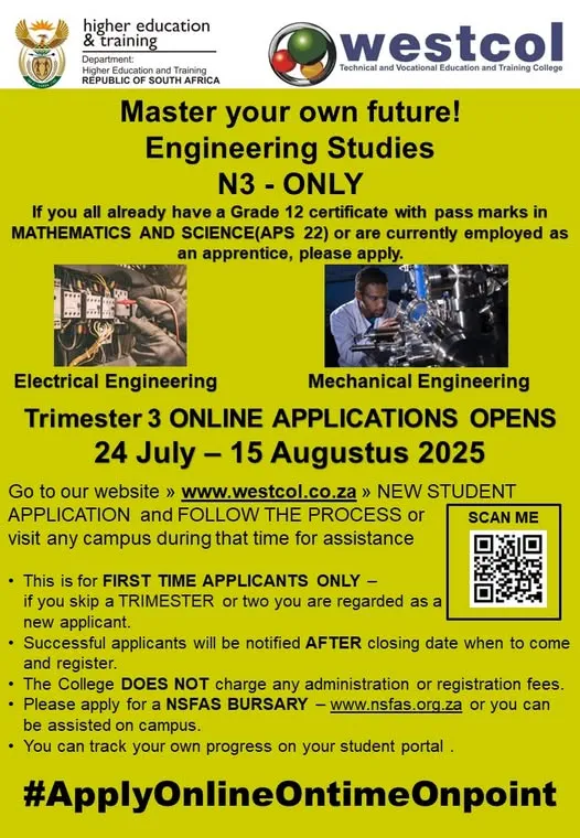 Westcol Trimester 3 Engineering Studies (N3) Applications Now Open