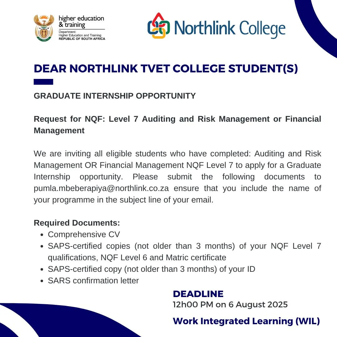 Northlink College Graduate Internship Opportunity For NQF Level 7 Graduates in Auditing, Risk, or Financial Management