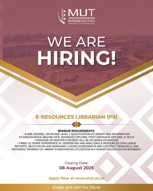 Vacancy: E-Resources Librarian (P9) – Mangosuthu University of Technology (MUT)