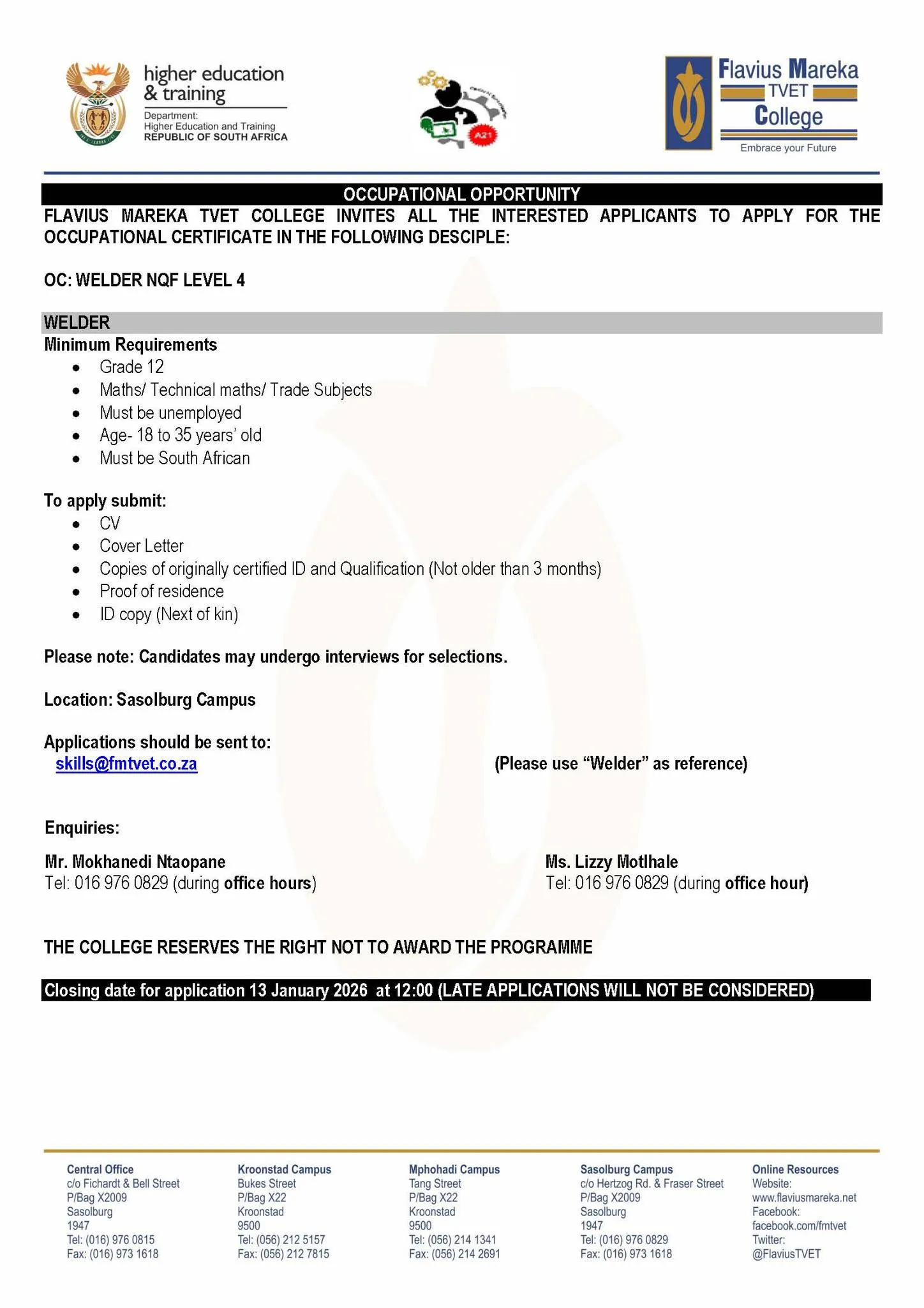 FLAVIUS MAREKA TVET COLLEGE – OCCUPATIONAL CERTIFICATE OPPORTUNITY (WELDER NQF LEVEL 4)