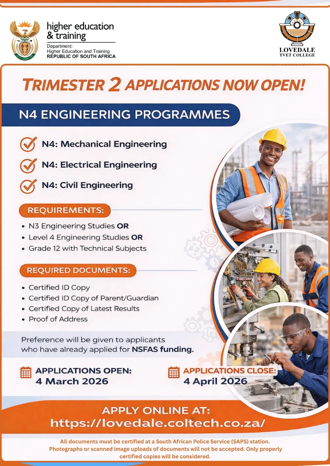 Lovedale TVET College – N4 Engineering Programmes (Trimester 2) Applications Open