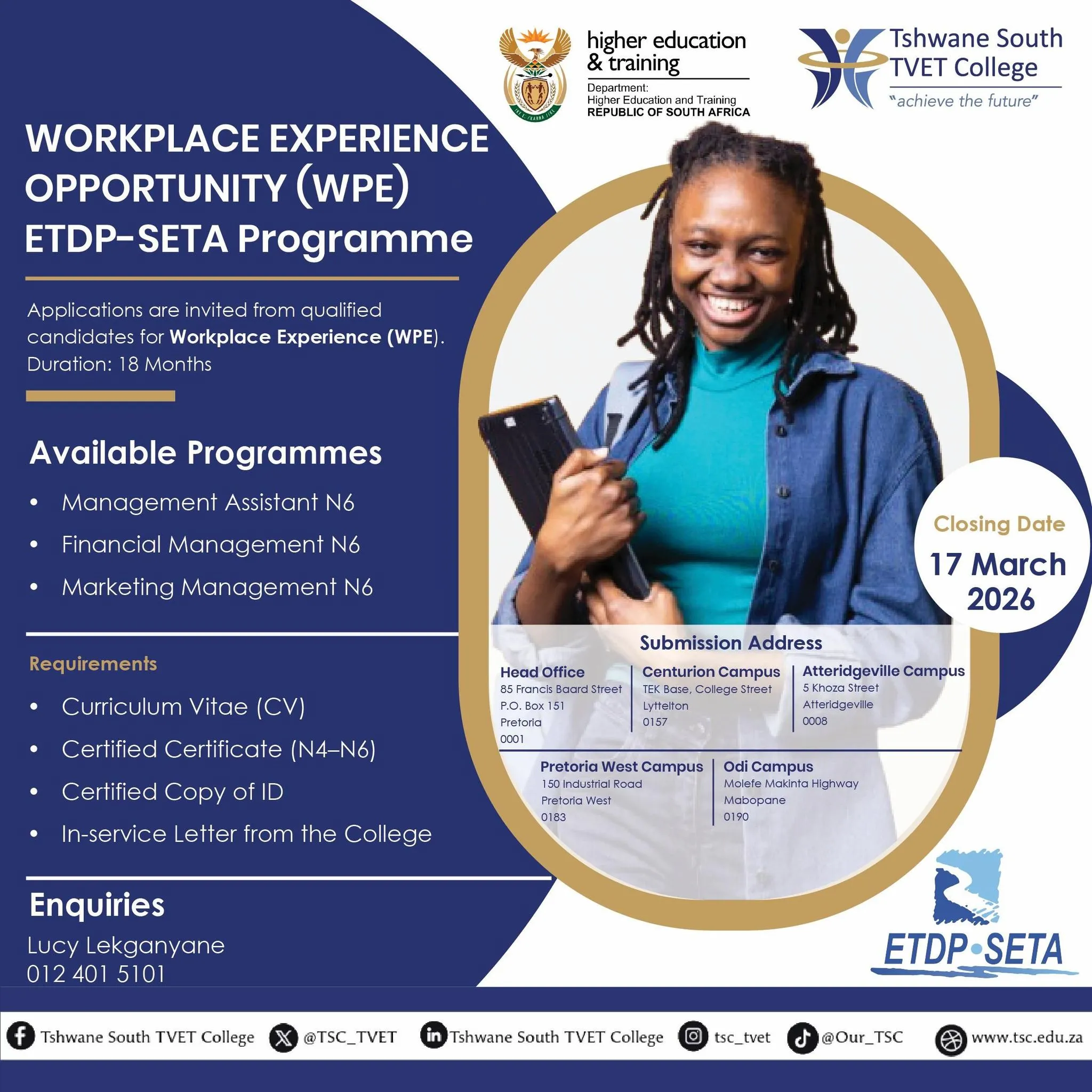 Tshwane South TVET College – Workplace Experience Opportunity (WPE) Programme