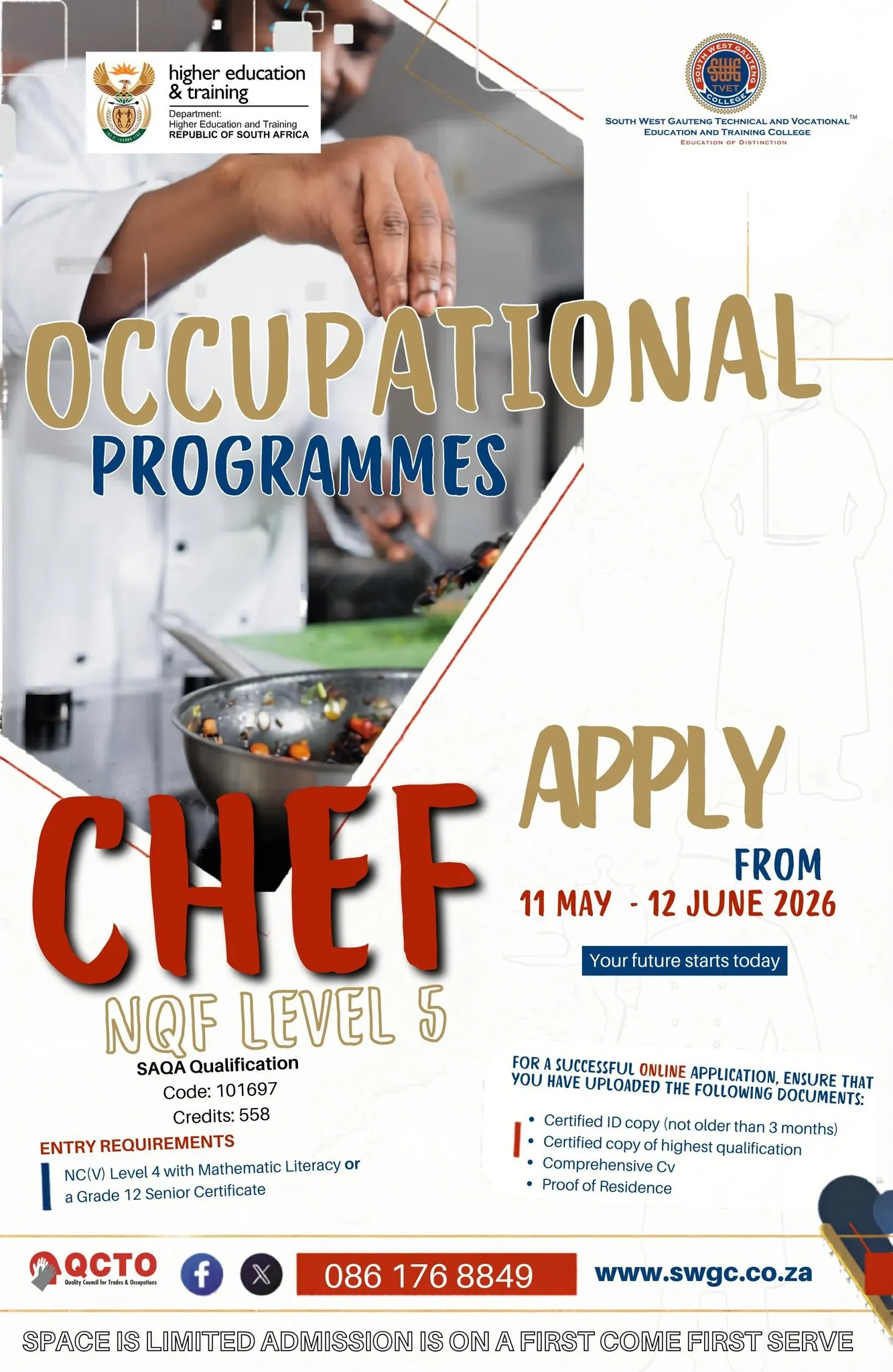 Applications Open for Occupational Certificate: Chef NQF Level 5 at South West Gauteng TVET College